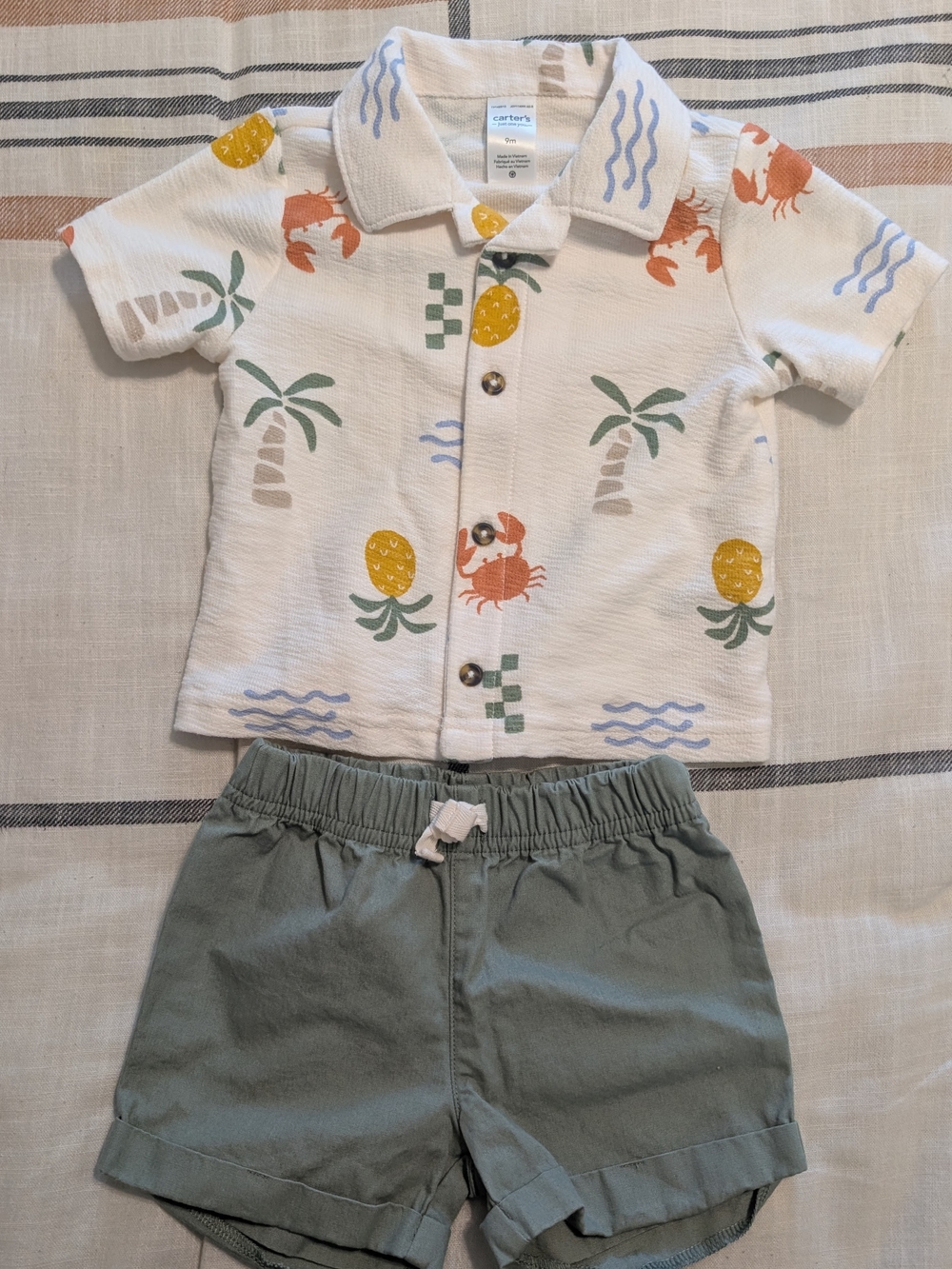 Carter's White Tropical Button-Front Shirt w/ Pineapples + Shorts Size 9 Months